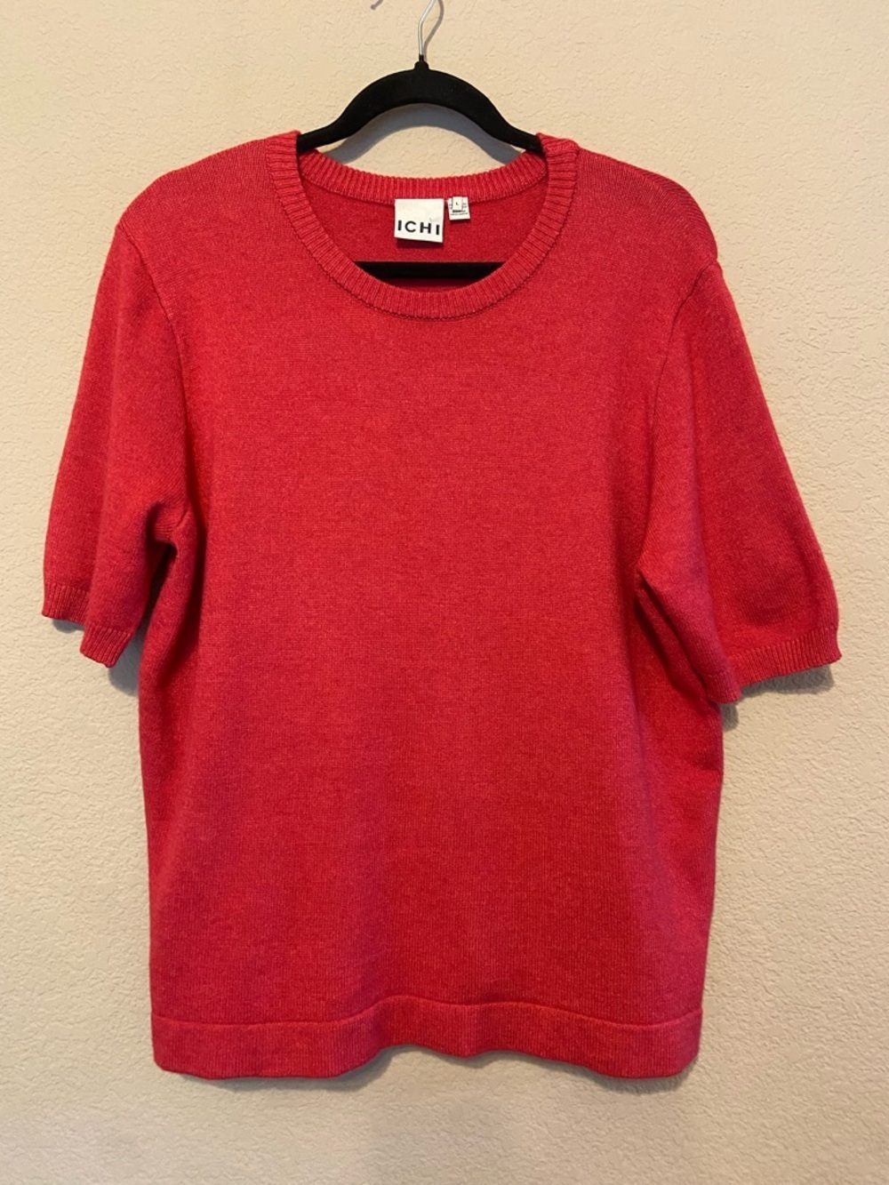 Ichi Women’s Ihdamilo Crewneck Short sleeve Knit‎ Top Sweater Pink Sz L Preppy
